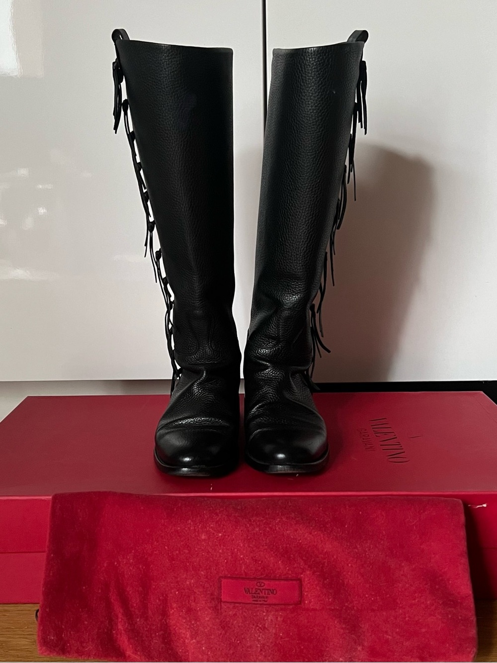 Valentino Black Leather Over-the-Knee Fringe Boots